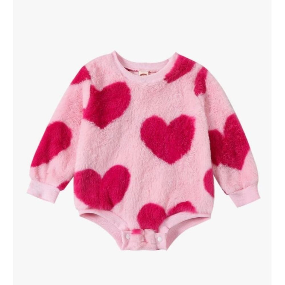 Baby Girl Hearts Long Sleeve Bubble Sweatshirt Romper Love Heart Bodysuit Pink